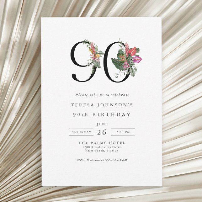 Simple Elegant Tropical 90th Birthday Invitation (Available in both printed and instant download digital formats.)
