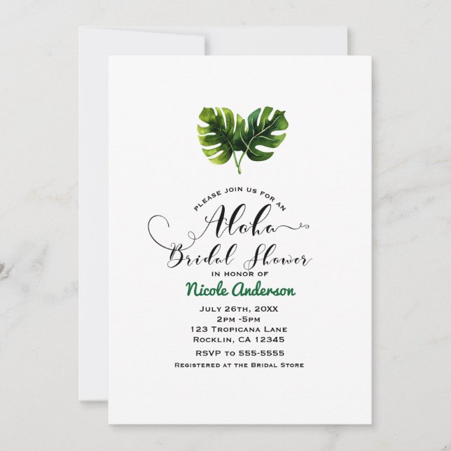 Simple Elegant Tropical Leaves Aloha Bridal Shower Invitation (Front)