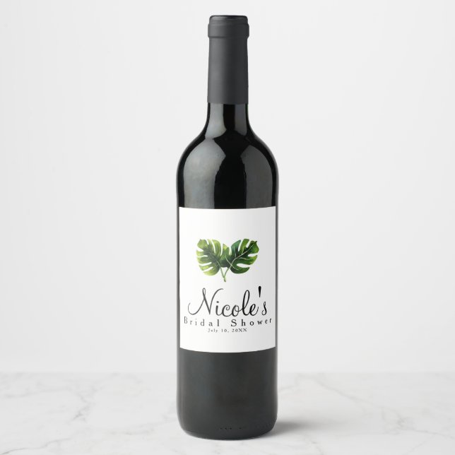 Simple Elegant Tropical Palm Leaves Wedding Chic Wine Label (Front)