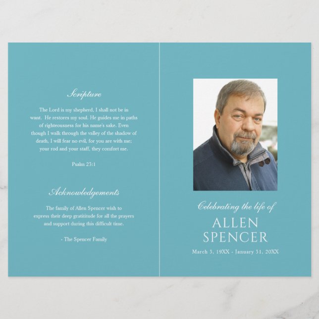 Simple Elegant Turquoise Modern Funeral Program (Front)