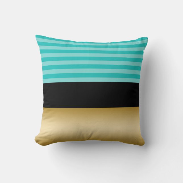 Simple Elegant Turquoise Striped Black and Gold Throw Pillow (Front)