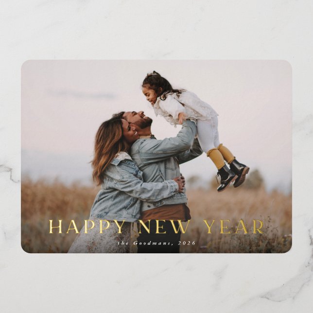 Simple Elegant Typographic New Years Photo Foil Holiday Card (Front)