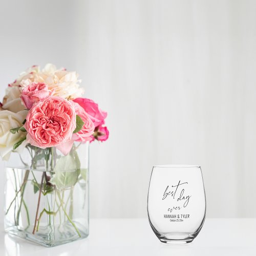 Simple Elegant Typography Best Day Ever Wedding Stemless Wine Glass
