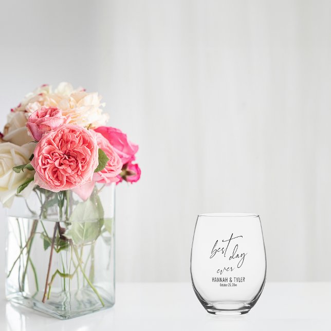 Simple Elegant Typography Best Day Ever Wedding Stemless Wine Glass (Creator Uploaded)
