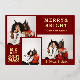 Simple Elegant Typography Christmas Couple 3 Photo Foil Holiday Card