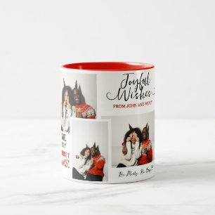 Simple Elegant Typography Christmas Couple 3 Photo Two-Tone Coffee Mug