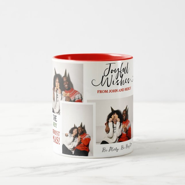 Simple Elegant Typography Christmas Couple 3 Photo Two-Tone Coffee Mug (Center)
