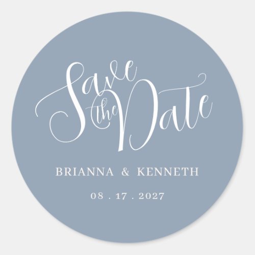 Simple Elegant Typography Dusty Blue Save the Date Classic Round Sticker