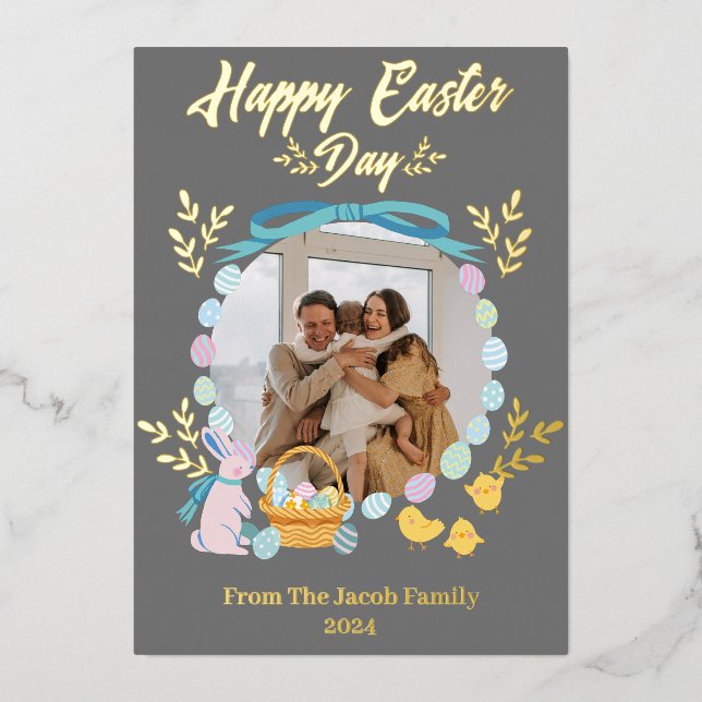 Simple Elegant Typography Easter Family one photo Foil Holiday Card (Front)
