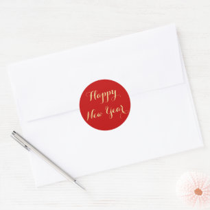 Simple Elegant Typography Happy New Year Red Gold Classic Round Sticker
