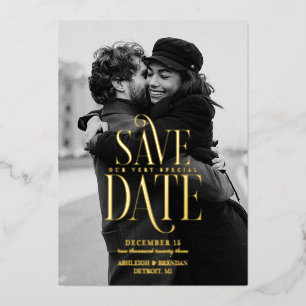 Simple Elegant Typography Photo Save The Date Foil Invitation