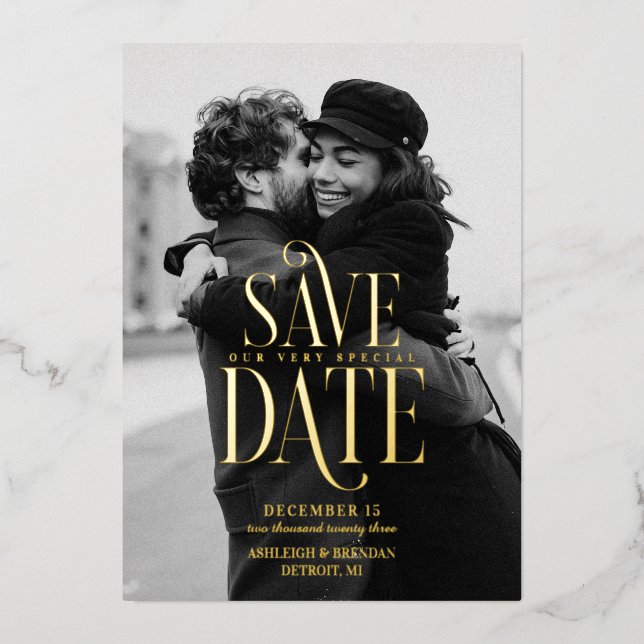 Simple Elegant Typography Photo Save The Date Foil Invitation (Front)