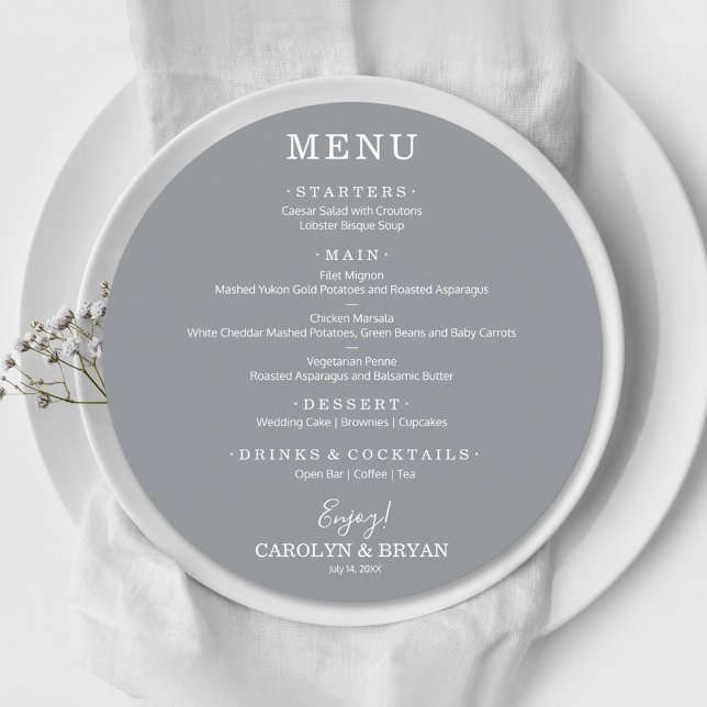 Simple Elegant Ultimate Gray Round Wedding Dinner Menu (Creator Uploaded)
