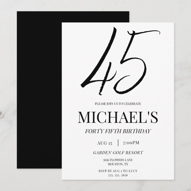 Simple Elegant Unisex 45th Birthday Party Invitation (Front/Back)