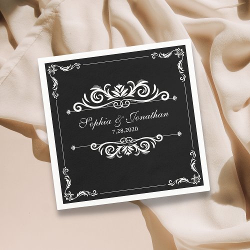 SImple Elegant Vintage Chic Black  White Wedding Napkins