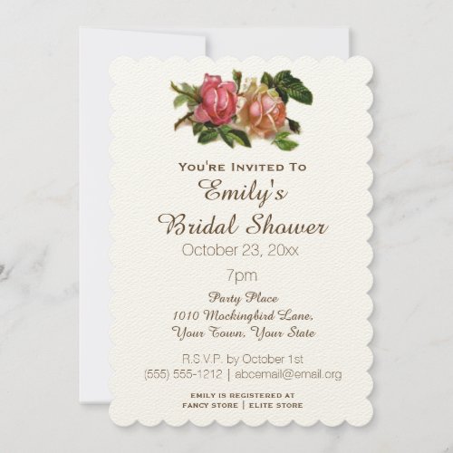 Simple Elegant Vintage Floral Rose Bridal Shower Invitation