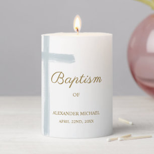 Simple Elegant Watercolor Blue Cross Baptism Pillar Candle