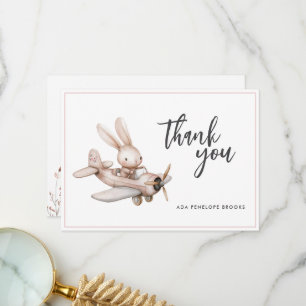 Simple Elegant Watercolor Bunny Plane Baby Girl Thank You Card