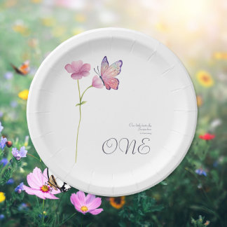 Simple Elegant Watercolor Butterfly 1st Birthday Paper Plates