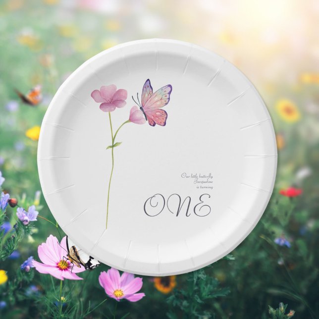 Simple Elegant Watercolor Butterfly 1st Birthday Paper Plates (Creator Uploaded)