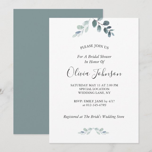 Simple Elegant Watercolor Eucalyptus Bridal Shower Invitation (Front/Back)