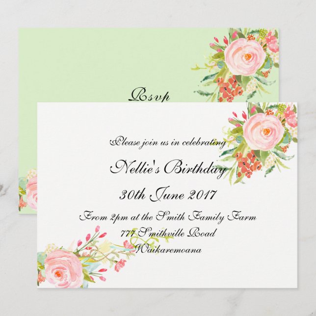 Simple Elegant Watercolor Floral Birthday Invitation (Front/Back)