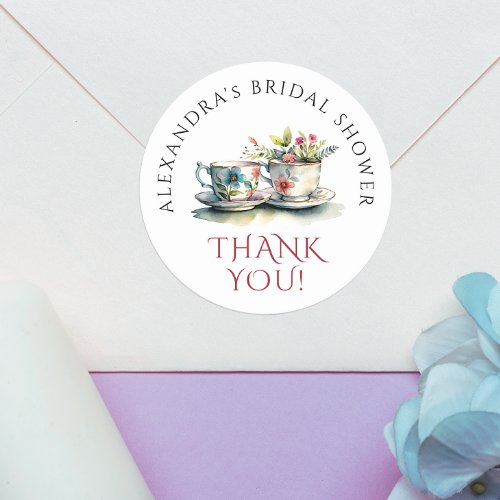 Simple Elegant Watercolor Floral Teacup Thank You  Classic Round Sticker