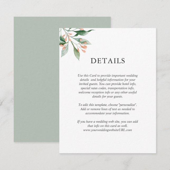 Simple Elegant Watercolor Floral Wedding Details Invitation (Front/Back)