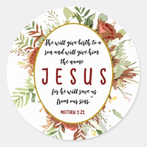Simple Elegant Watercolor Flowers and Bible Verse Classic Round Sticker