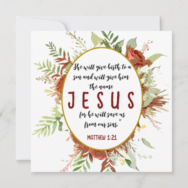 Simple Elegant Watercolor Flowers and Bible Verse Holiday Card (Front)