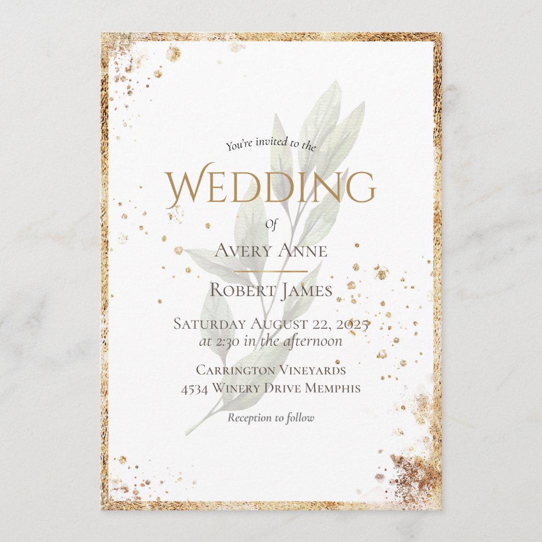 Simple Elegant Watercolor Greenery Gold Wedding Invitation | Zazzle