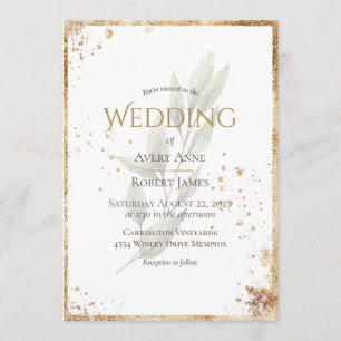 Simple Elegant Watercolor Greenery Gold Wedding Invitation