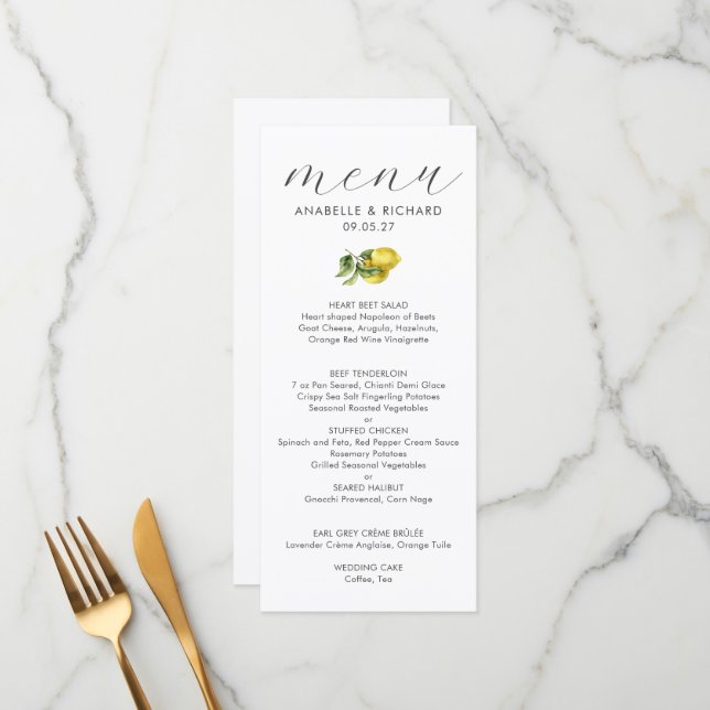 Simple Elegant Watercolor Lemon Citrus Wedding Menu (Front/Back In Situ)