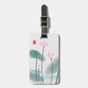 Simple Elegant Watercolor Lotus Flowers Pink Green Luggage Tag
