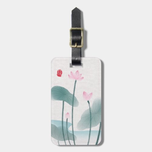 Simple Elegant Watercolor Lotus Flowers Pink Green Luggage Tag