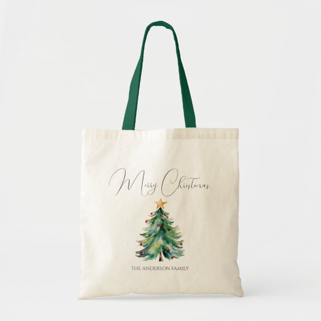Simple Elegant Watercolor Merry Christmas Tree Tote Bag (Front)