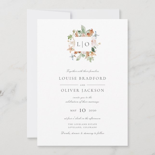 Simple Elegant Watercolor Monogram Wreath Wedding Invitation (Front)