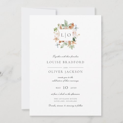 Simple Elegant Watercolor Monogram Wreath Wedding Invitation
