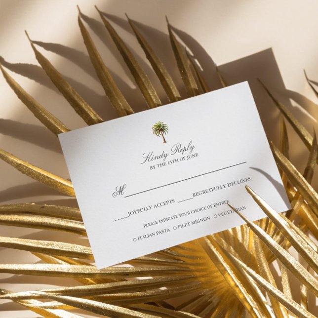 Simple Elegant Watercolor Palm tree  meal option RSVP Card (ELEGANT MINIMAL WATERCOLOR PALM TREE TROPICAL WEDDING RSVP WITH MEAL OPTION. EXOTIC ISLAND OR BEACH )