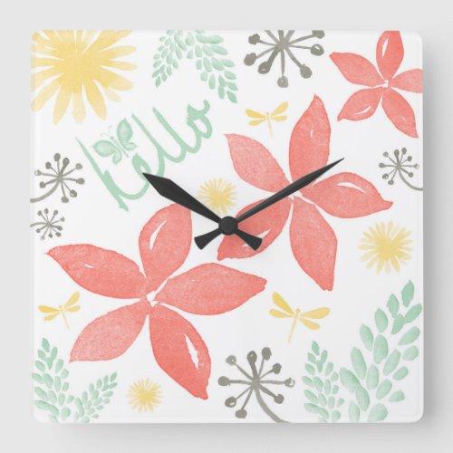 Simple Elegant Watercolor Summer Floral Square Wall Clock