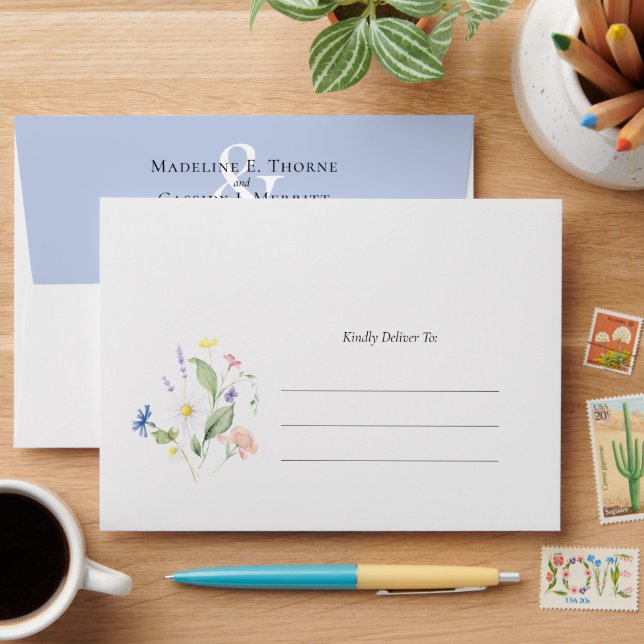 Simple Elegant Watercolor Wildflowers Boho Wedding Envelope (Desk)
