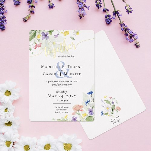 Simple Elegant Watercolor Wildflowers Boho Wedding Foil Invitation