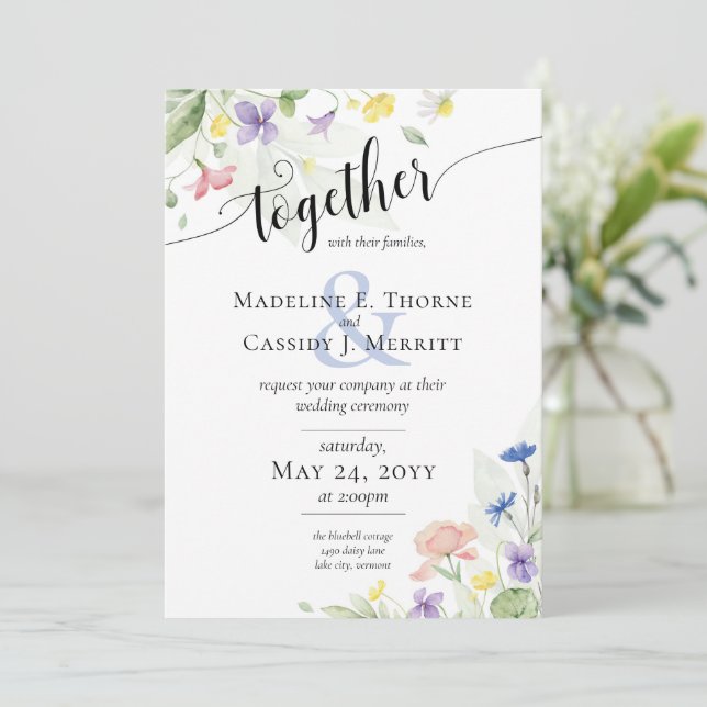 Simple Elegant Watercolor Wildflowers Boho Wedding Invitation (Standing Front)