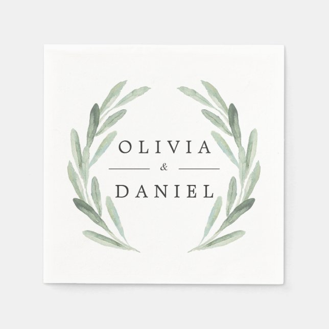Simple Elegant Watercolor Wreath Greenery Wedding Paper Napkins (Front)