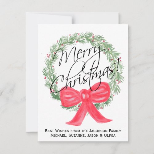 Simple Elegant Watercolor Wreath Merry Christmas Holiday Card
