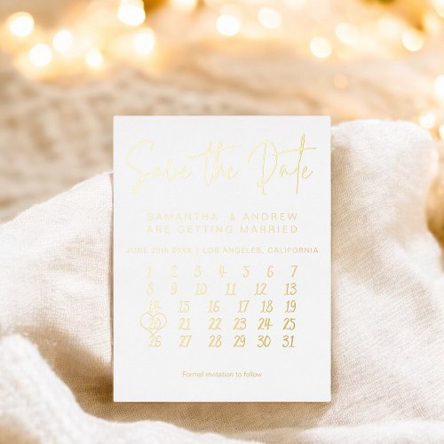 Simple elegant wedding calendar save the date foil holiday postcard