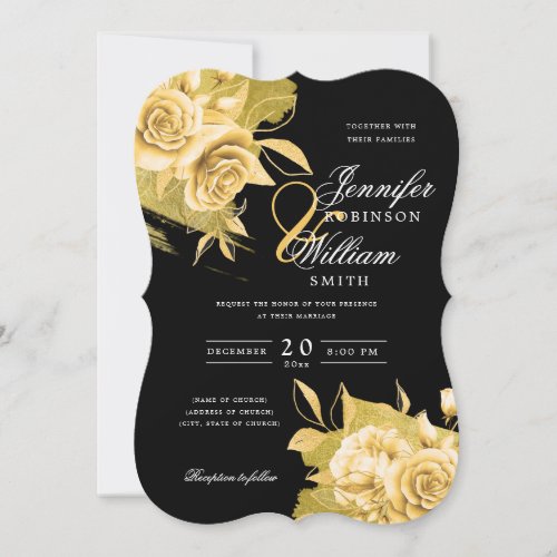 Simple Elegant Wedding Gold Floral  Foil Black Invitation