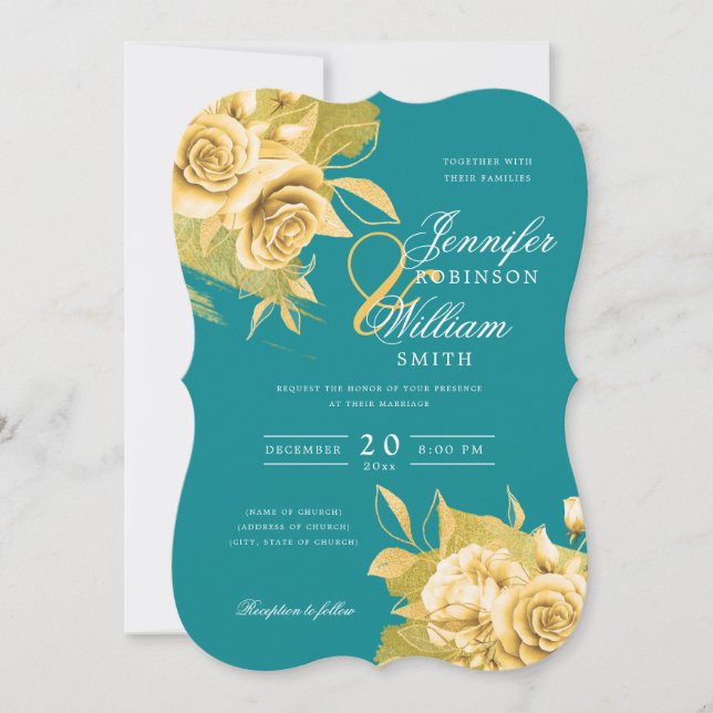 Simple Elegant Wedding Gold Floral & Foil Teal  Invitation (Front)