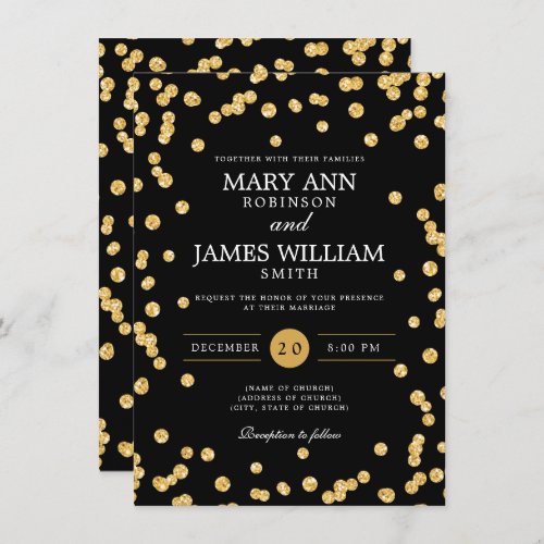 Simple Elegant Wedding Gold Glitter Confetti Black Invitation