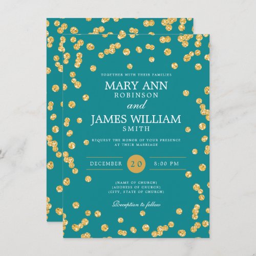 Simple Elegant Wedding Gold Glitter Confetti Teal  Invitation